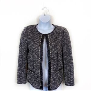 Cache Blazer Jacket Tweed Raw Hem Womens Faux Leather Trim Size 12 Vintage 80s